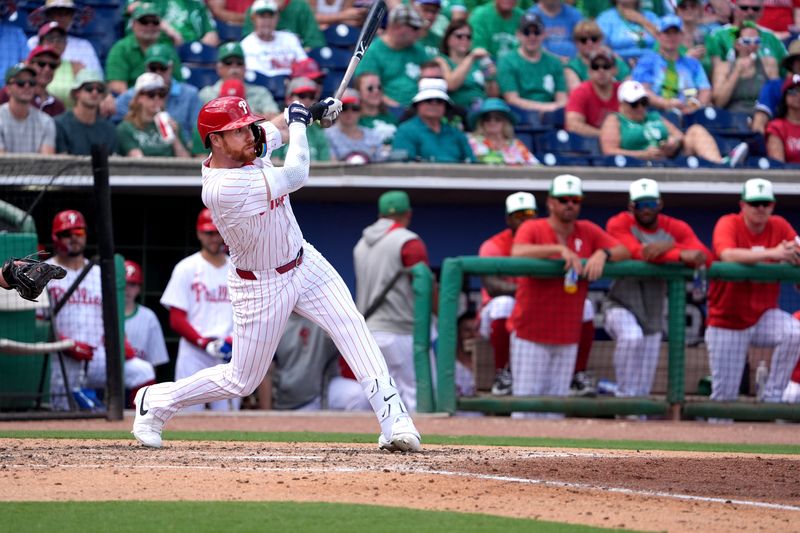 Mar 17, 2024; Clearwater, Florida, USA; Philadelphia Phillies outfielder Jordan Luplow (48) hits a single against the Toronto Blue Jays during the fourth inning at BayCare Ballpark. Mandatory Credit: Dave Nelson-USA TODAY Sports