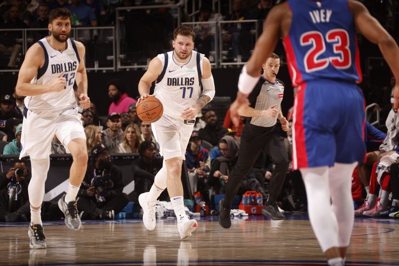 DETROIT, MI - MARCH 9: Luka Doncic #77 of the Dallas Mavericks dribbles the ball during the game against the Detroit Pistons on March 9, 2024 at Little Caesars Arena in Detroit, Michigan. NOTE TO USER: User expressly acknowledges and agrees that, by downloading and/or using this photograph, User is consenting to the terms and conditions of the Getty Images License Agreement. Mandatory Copyright Notice: Copyright 2024 NBAE (Photo by Brian Sevald/NBAE via Getty Images)