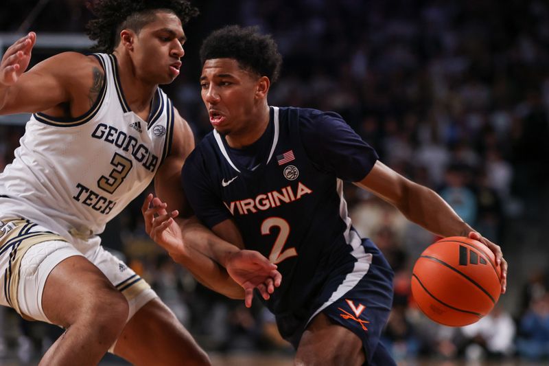 Jan 20, 2024; Atlanta, Georgia, USA; Georgia Tech Yellow Jackets guard Dallan Coleman (3) defends Virginia Cavaliers guard Reece Beekman (2) in the first half at McCamish Pavilion. Mandatory Credit: Brett Davis-USA TODAY Sports
