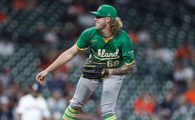 May 16, 2024; Houston, Texas, USA; Oakland Athletics starting pitcher Joey Estes (68) delivers a pitch during the first inning against the Houston Astros at Minute Maid Park. Mandatory Credit: Troy Taormina-USA TODAY Sports