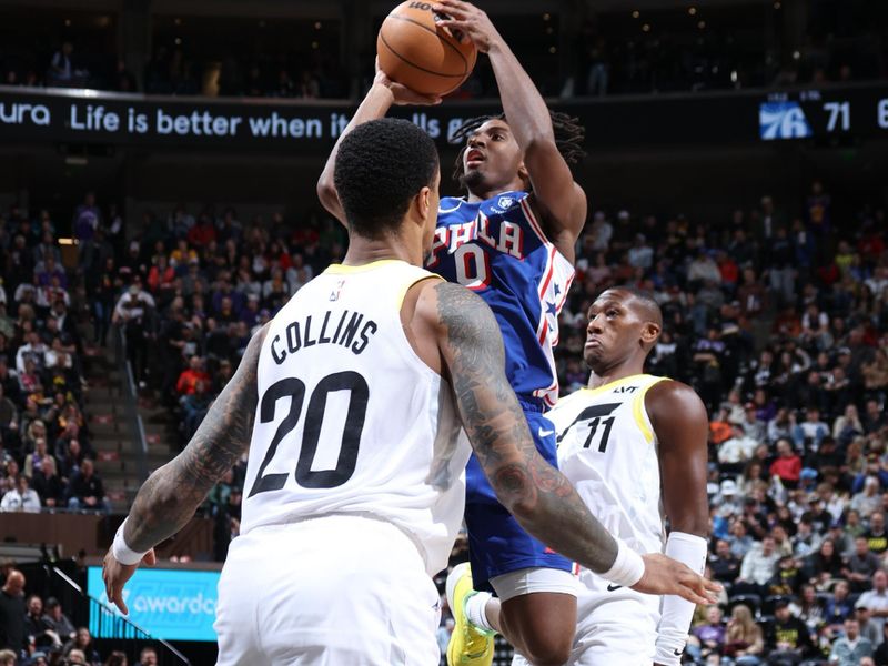 SALT LAKE CITY, UT - FEBRUARY 1: Tyrese Maxey #0 of the Philadelphia 76ers shoots the ball during the game against the Utah Jazz on February 1, 2024 at Delta Center in Salt Lake City, Utah. NOTE TO USER: User expressly acknowledges and agrees that, by downloading and or using this Photograph, User is consenting to the terms and conditions of the Getty Images License Agreement. Mandatory Copyright Notice: Copyright 2024 NBAE (Photo by Melissa Majchrzak/NBAE via Getty Images)