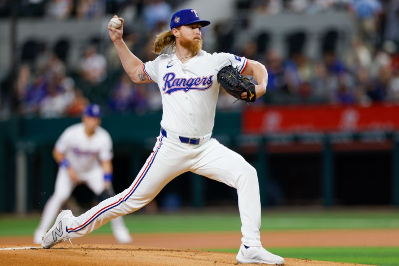 May 15, 2024; Arlington, Texas, USA; Texas Rangers pitcher Jon Gray (22) throws during the first inning against the Cleveland Guardians at Globe Life Field. Mandatory Credit: Andrew Dieb-USA TODAY Sports