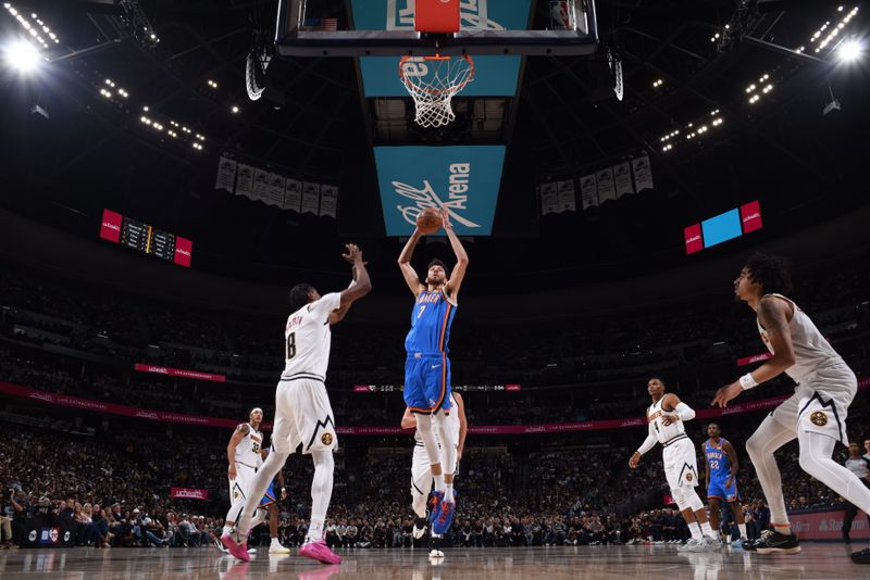 DENVER, CO - OCTOBER 24: Chet Holmgren #7 of the Oklahoma City Thunder shoots the ball during the game against the Denver Nuggets on October 24, 2024 at Ball Arena in Denver, Colorado. NOTE TO USER: User expressly acknowledges and agrees that, by downloading and/or using this Photograph, user is consenting to the terms and conditions of the Getty Images License Agreement. Mandatory Copyright Notice: Copyright 2024 NBAE (Photo by Garrett Ellwood/NBAE via Getty Images)