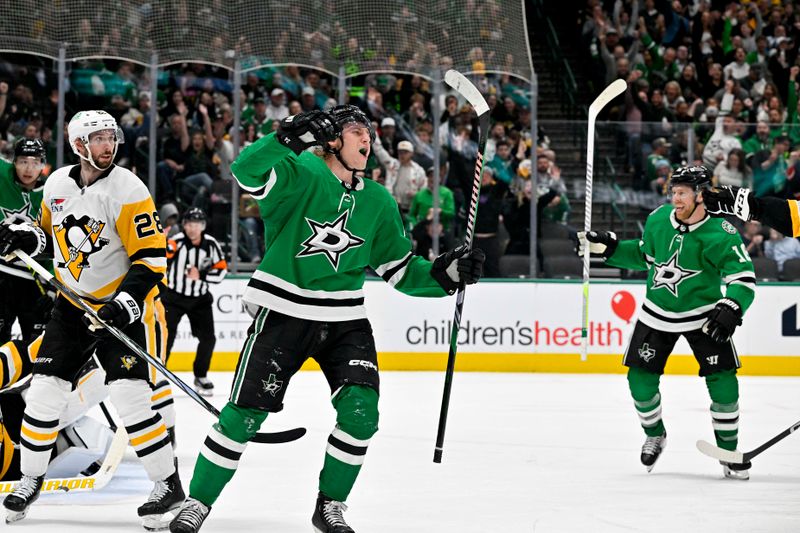 Mar 22, 2024; Dallas, Texas, USA; Dallas Stars center Roope Hintz (24) and center Joe Pavelski (16) celebrates a goal scored by left wing Jamie Benn (not pictured) during the second period against the Dallas Stars at the American Airlines Center. Mandatory Credit: Jerome Miron-USA TODAY Sports