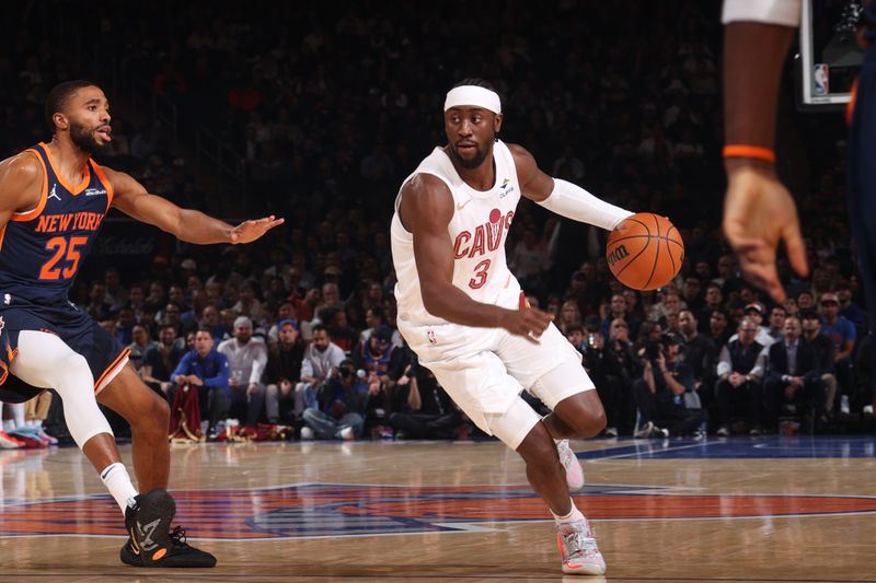 NEW YORK, NY - OCTOBER 28: Caris LeVert #3 of the Cleveland Cavaliers drives to the basket during the game against the New York Knicks on October 28, 2024 at Madison Square Garden in New York City, New York.  NOTE TO USER: User expressly acknowledges and agrees that, by downloading and or using this photograph, User is consenting to the terms and conditions of the Getty Images License Agreement. Mandatory Copyright Notice: Copyright 2024 NBAE  (Photo by Nathaniel S. Butler/NBAE via Getty Images)