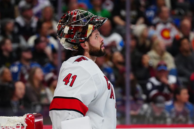 Nov 9, 2024; Denver, Colorado, USA; Carolina Hurricanes goaltender Spencer Martin (41) during the second period against the Colorado Avalanche at Ball Arena. Mandatory Credit: Ron Chenoy-Imagn Images