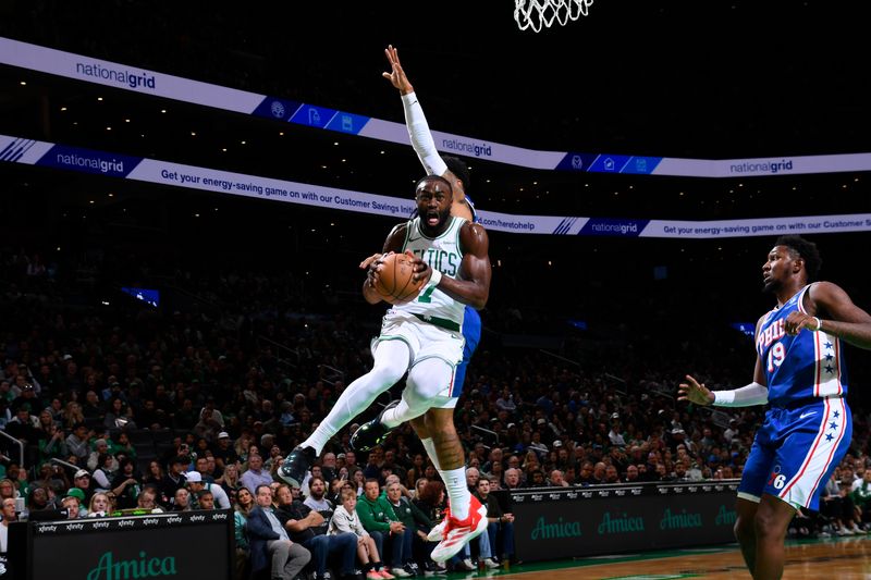 BOSTON, MA - OCTOBER 12: Jaylen Brown #7 of the Boston Celtics handles the ball during the game against the Philadelphia 76ers during a NBA Preseason game on October 12, 2024 at TD Garden in Boston, Massachusetts. NOTE TO USER: User expressly acknowledges and agrees that, by downloading and/or using this Photograph, user is consenting to the terms and conditions of the Getty Images License Agreement. Mandatory Copyright Notice: Copyright 2024 NBAE (Photo by Brian Babineau/NBAE via Getty Images)