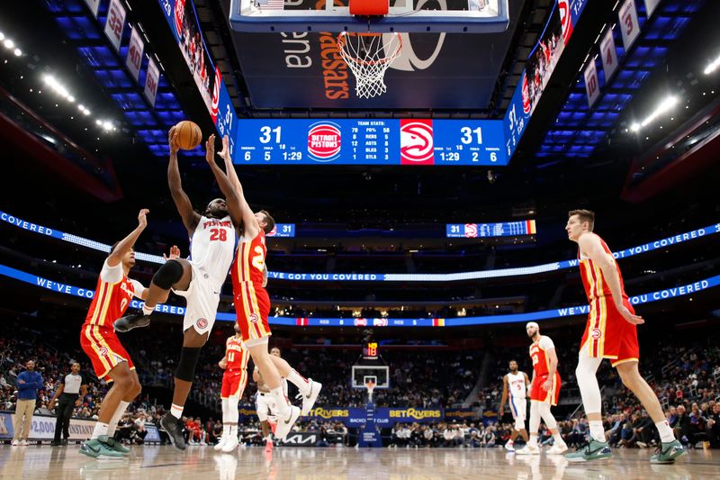 DETROIT, MI - FEBRUARY 3:  Isaiah Stewart #28 of the Detroit Pistons shoots the ball during the game against the Atlanta Hawks on February 3, 2025 at Little Caesars Arena in Detroit, Michigan. NOTE TO USER: User expressly acknowledges and agrees that, by downloading and/or using this photograph, User is consenting to the terms and conditions of the Getty Images License Agreement. Mandatory Copyright Notice: Copyright 2025 NBAE (Photo by Brian Sevald/NBAE via Getty Images)