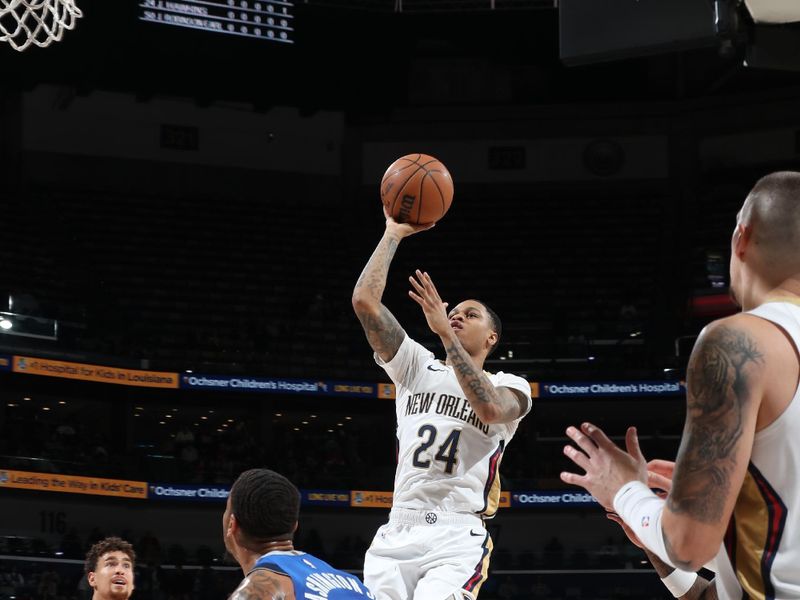 NEW ORLEANS, LA - JANUARY 15:  Jordan Hawkins #24 of the New Orleans Pelicans shoots the ball during the game against the Dallas Mavericks on January 15, 2025 at the Smoothie King Center in New Orleans, Louisiana. NOTE TO USER: User expressly acknowledges and agrees that, by downloading and or using this Photograph, user is consenting to the terms and conditions of the Getty Images License Agreement. Mandatory Copyright Notice: Copyright 2025 NBAE (Photo by Layne Murdoch Jr./NBAE via Getty Images)