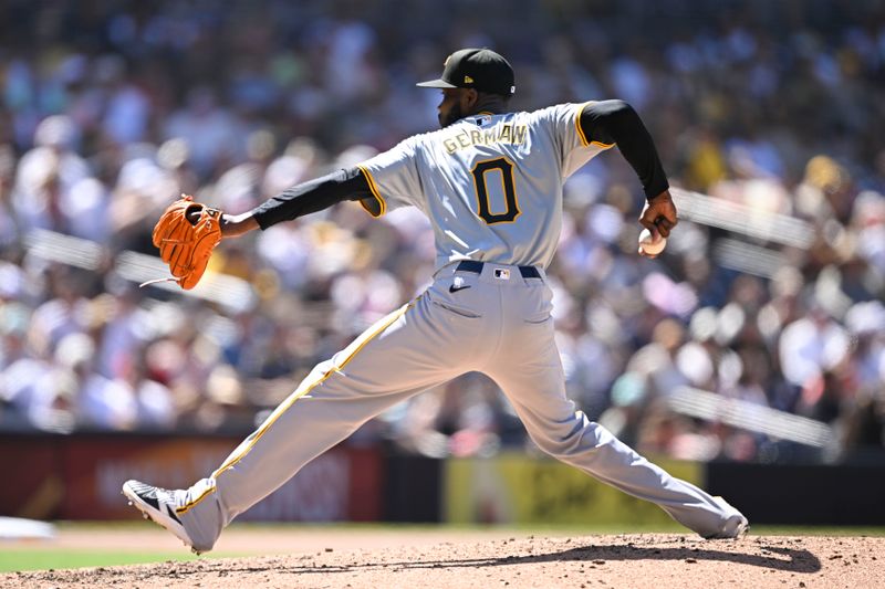 August 14, 2024; San Diego, California, USA; Pittsburgh Pirates pitcher Domingo German (0) delivers against the San Diego Padres during the seventh inning at Petco Park. Mandatory Credit: Denis Poroy-USA TODAY Sports at Petco Park. 
