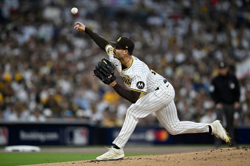 Oct 9, 2024; San Diego, California, USA; San Diego Padres pitcher Dylan Cease (84) throws in the first inning against the Los Angeles Dodgers during game four of the NLDS for the 2024 MLB Playoffs at Petco Park.  Mandatory Credit: Denis Poroy-Imagn Images
