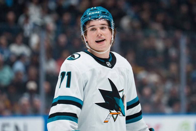 Dec 27, 2025; Vancouver, British Columbia, CAN; San Jose Sharks forward Macklin Celebrini (71) during a stop in play against the Vancouver Canucks in the third period at Rogers Arena. Mandatory Credit: Bob Frid-Imagn Images