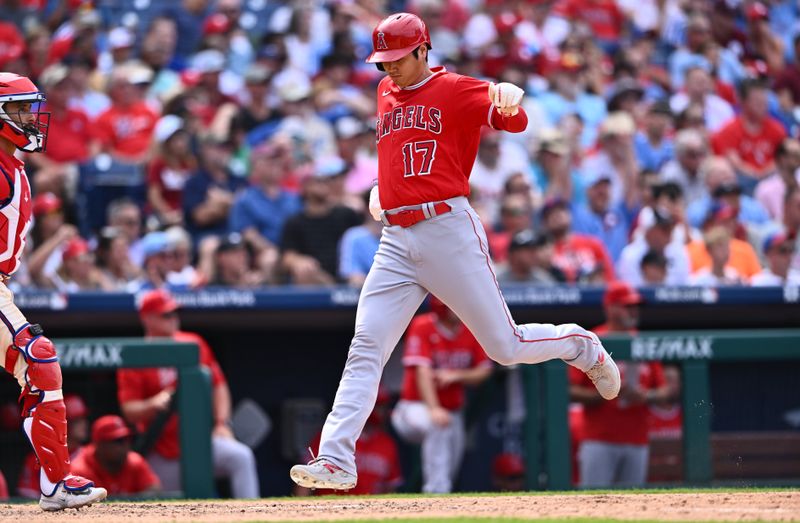 Aug 30, 2023; Philadelphia, Pennsylvania, USA; Los Angeles Angels designated hitter Shohei Ohtani (17) crosses the plate to score against the Philadelphia Phillies in the eighth inning at Citizens Bank Park. Mandatory Credit: Kyle Ross-USA TODAY Sports