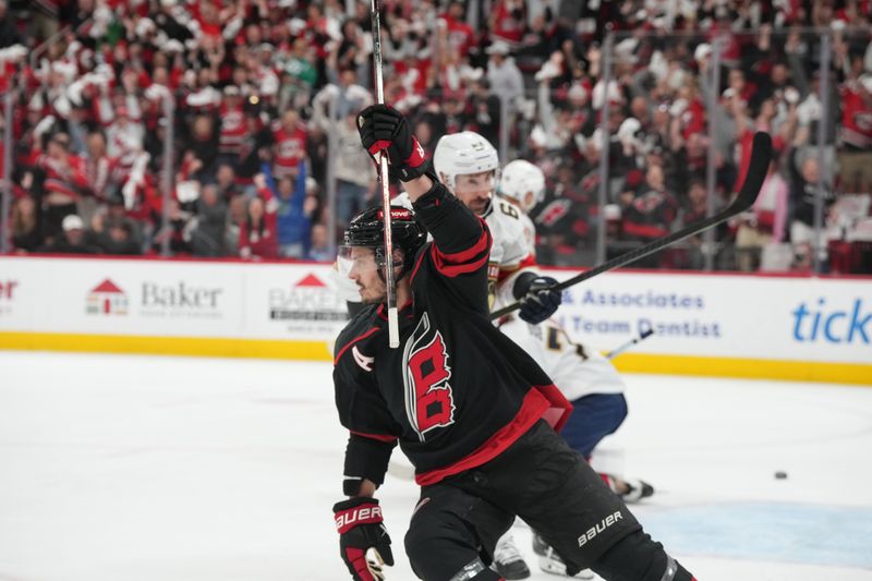 May 28, 2025; Raleigh, North Carolina, USA; Carolina Hurricanes forward Sebastian Aho (20) celebrates scoring a goal during the first period against the Florida Panthers in game five of the Eastern Conference Final of the 2025 Stanley Cup Playoffs at Lenovo Center. Mandatory Credit: James Guillory-Imagn Images