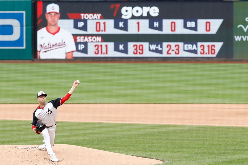 May 5, 2024; Washington, District of Columbia, USA; Washington Nationals pitcher MacKenzie Gore (1) pitches against the Toronto Blue Jays during the first inning at Nationals Park. Mandatory Credit: Geoff Burke-USA TODAY Sports