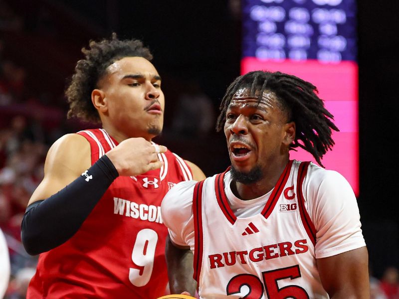 Jan 6, 2025; Piscataway, New Jersey, USA; Rutgers Scarlet Knights guard Jeremiah Williams (25) drives to the basket against Wisconsin Badgers guard John Tonje (9) during the second half at Jersey Mike's Arena. Mandatory Credit: Vincent Carchietta-Imagn Images