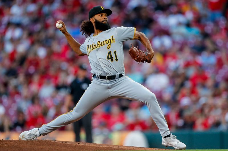 Sep 22, 2023; Cincinnati, Ohio, USA; Pittsburgh Pirates starting pitcher Andre Jackson (41) pitches against the Cincinnati Reds in the first inning at Great American Ball Park. Mandatory Credit: Katie Stratman-USA TODAY Sports