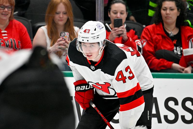 Mar 14, 2024; Dallas, Texas, USA; New Jersey Devils defenseman Luke Hughes (43) in action during the game between the Dallas Stars and the New Jersey Devils at the American Airlines Center. Mandatory Credit: Jerome Miron-USA TODAY Sports