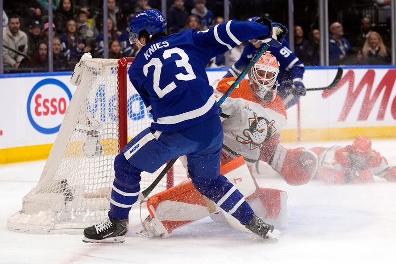 Mar 12, 2026; Toronto, Ontario, CAN; Toronto Maple Leafs forward Matthew Knies (23) misses a scoring chance against Anaheim Ducks goaltender Lukas Dostal (1) during the first period at Scotiabank Arena. Mandatory Credit: John E. Sokolowski-Imagn Images
