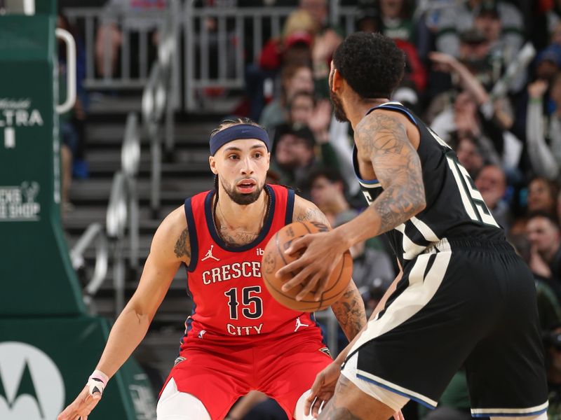 MILWAUKEE, WI - JANUARY 27:  Jose Alvarado #15 of the New Orleans Pelicans plays defense during the game  against Cameron Payne #15 of the Milwaukee Bucks on January 27, 2024 at the Fiserv Forum Center in Milwaukee, Wisconsin. NOTE TO USER: User expressly acknowledges and agrees that, by downloading and or using this Photograph, user is consenting to the terms and conditions of the Getty Images License Agreement. Mandatory Copyright Notice: Copyright 2024 NBAE (Photo by Gary Dineen/NBAE via Getty Images).