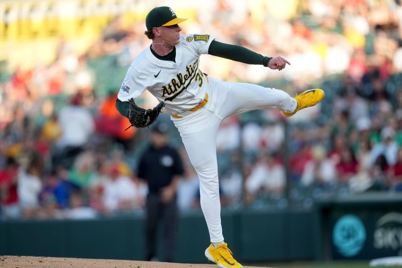 May 21, 2025; West Sacramento, California, USA; Athletics pitcher JP Sears (38) follows through on a pitch against the Los Angeles Angels in the first inning at Sutter Health Park. Mandatory Credit: Cary Edmondson-Imagn Images