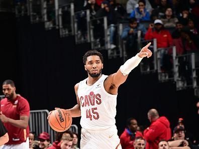 DETROIT, MI - DECEMBER 2: Donovan Mitchell #45 of the Cleveland Cavaliers handles the ball during the game  on December 2, 2023 at Little Caesars Arena in Detroit, Michigan. NOTE TO USER: User expressly acknowledges and agrees that, by downloading and/or using this photograph, User is consenting to the terms and conditions of the Getty Images License Agreement. Mandatory Copyright Notice: Copyright 2023 NBAE (Photo by Chris Schwegler/NBAE via Getty Images)