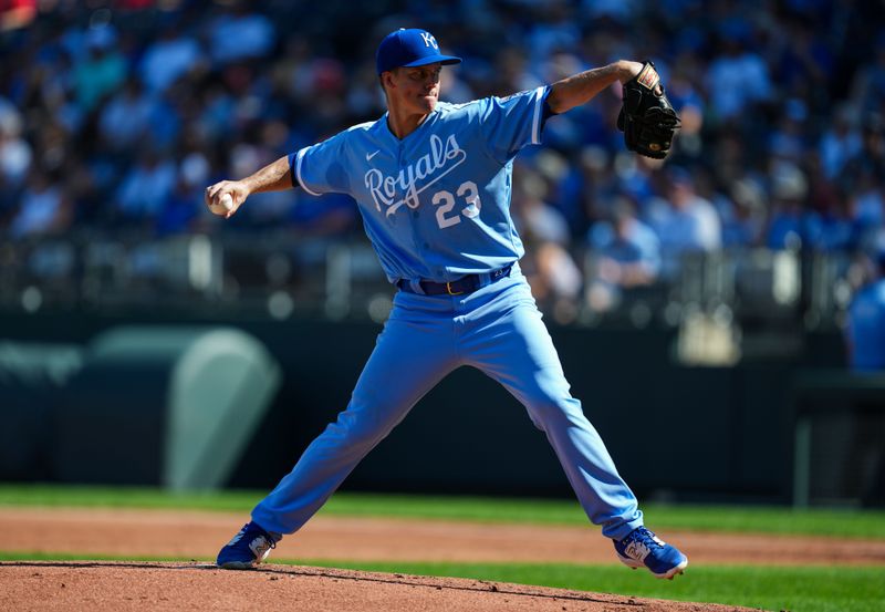 Oct 1, 2023; Kansas City, Missouri, USA; Kansas City Royals starting pitcher Zack Greinke (23) pitches during the second inning against the New York Yankees at Kauffman Stadium. Mandatory Credit: Jay Biggerstaff-USA TODAY Sports