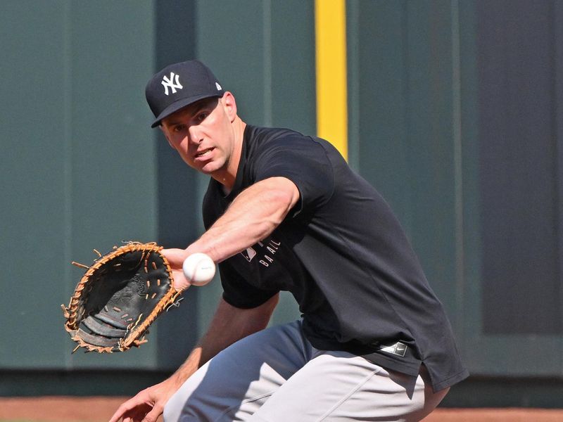 Jun 10, 2025; Kansas City, Missouri, USA;  New York Yankees first baseman Paul Goldschmidt (48) takes fielding practice before a game against the Kansas City Royals at Kauffman Stadium. Mandatory Credit: Peter Aiken-Imagn Images