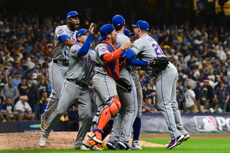 Oct 3, 2024; Milwaukee, Wisconsin, USA; The New York Mets celebrate after defeating the Milwaukee Brewers in game three of the Wildcard round for the 2024 MLB Playoffs at American Family Field. Mandatory Credit: Benny Sieu-Imagn Images