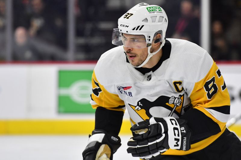 Jan 8, 2024; Philadelphia, Pennsylvania, USA; Pittsburgh Penguins center Sidney Crosby (87) during the first period against the Philadelphia Flyers at Wells Fargo Center. Mandatory Credit: Eric Hartline-USA TODAY Sports