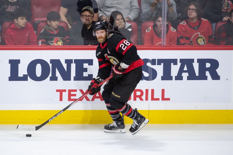 Feb 13, 2024; Ottawa, Ontario, CAN; Ottawa Senators right wing Claude Giroux (28) skates with the puck in the third period against the Columbus Blue Jackets at the Canadian Tire Centre. Mandatory Credit: Marc DesRosiers-USA TODAY Sports