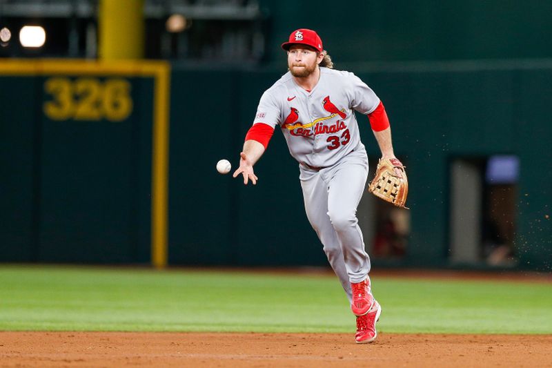 Jun 7, 2023; Arlington, Texas, USA; St. Louis Cardinals second baseman Brendan Donovan (33) fields a ground ball during the third inning against the Texas Rangers at Globe Life Field. Mandatory Credit: Andrew Dieb-USA TODAY Sports