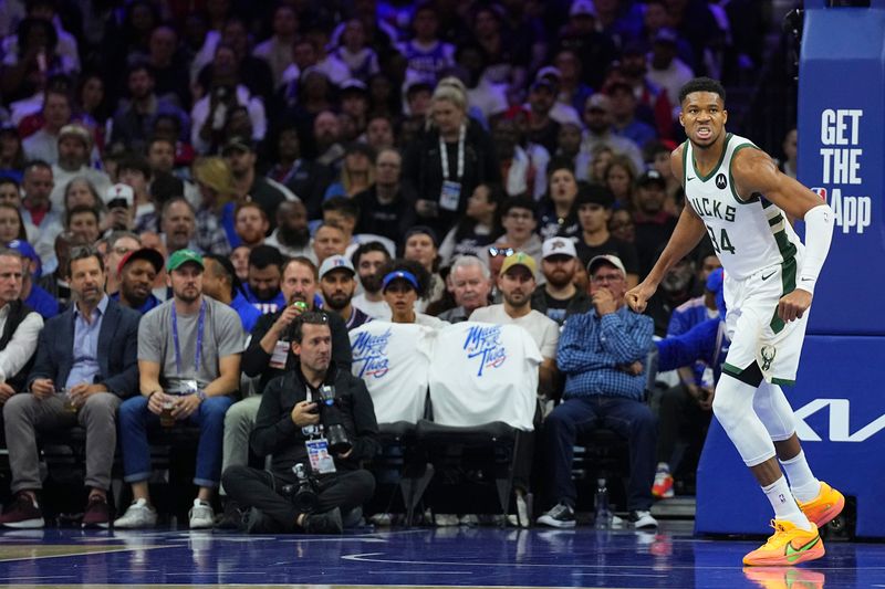 PHILADELPHIA, PENNSYLVANIA - OCTOBER 23: Giannis Antetokounmpo #34 of the Milwaukee Bucks reacts against the Philadelphia 76ers in the first half at the Wells Fargo Center on October 23, 2024 in Philadelphia, Pennsylvania. NOTE TO USER: User expressly acknowledges and agrees that, by downloading and/or using this photograph, user is consenting to the terms and conditions of the Getty Images License Agreement. (Photo by Mitchell Leff/Getty Images)