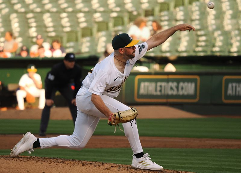 Jul 22, 2024; Oakland, California, USA; Oakland Athletics starting pitcher Hogan Harris (63) pitches the ball against the Houston Astros during the third inning at Oakland-Alameda County Coliseum. Mandatory Credit: Kelley L Cox-USA TODAY Sports