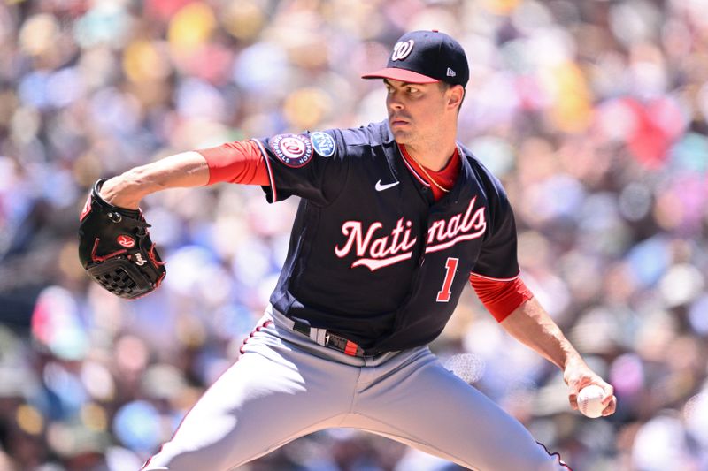 Jun 25, 2023; San Diego, California, USA; Washington Nationals starting pitcher MacKenzie Gore (1) throws a pitch against the San Diego Padres during the second inning at Petco Park. Mandatory Credit: Orlando Ramirez-USA TODAY Sports