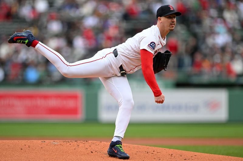May 25, 2025; Boston, Massachusetts, USA; Boston Red Sox starting pitcher Walker Buehler (0) pitches against the Baltimore Orioles during the first inning at Fenway Park. Mandatory Credit: Brian Fluharty-Imagn Images