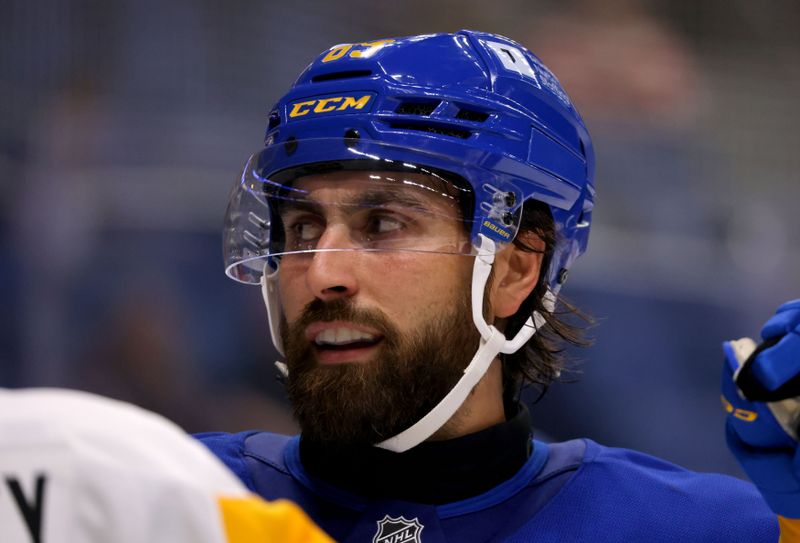 Sep 21, 2024; Buffalo, New York, USA;  Buffalo Sabres right wing Alex Tuch (89) during a stoppage in play against the Pittsburgh Penguins during the third period at KeyBank Center. Mandatory Credit: Timothy T. Ludwig-Imagn Images