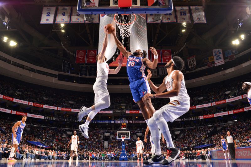 PHILADELPHIA, PA - NOVEMBER 13: Guerschon Yabusele #28 of the Philadelphia 76ers blocks a shot during the game against the Cleveland Cavaliers on November 13, 2024 at the Wells Fargo Center in Philadelphia, Pennsylvania NOTE TO USER: User expressly acknowledges and agrees that, by downloading and/or using this Photograph, user is consenting to the terms and conditions of the Getty Images License Agreement. Mandatory Copyright Notice: Copyright 2024 NBAE (Photo by Jesse D. Garrabrant/NBAE via Getty Images)