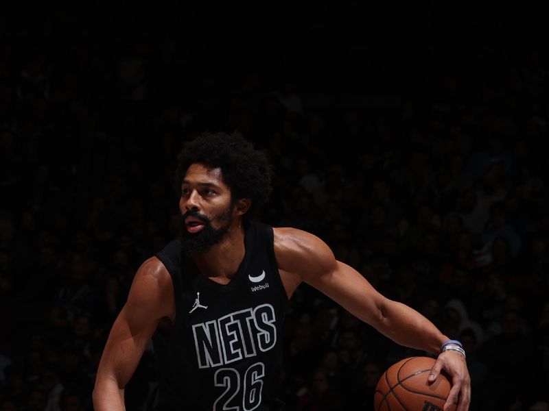 BROOKLYN, NY - JANUARY 5: Spencer Dinwiddie #26 of the Brooklyn Nets handles the ball during the game  on January 5, 2024 at Barclays Center in Brooklyn, New York. NOTE TO USER: User expressly acknowledges and agrees that, by downloading and or using this Photograph, user is consenting to the terms and conditions of the Getty Images License Agreement. Mandatory Copyright Notice: Copyright 2024 NBAE (Photo by Nathaniel S. Butler/NBAE via Getty Images)