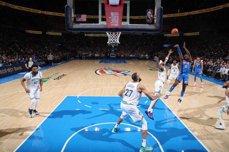 OKLAHOMA CITY, OK - JANUARY 29: Jalen Williams #8 of the Oklahoma City Thunder shoots the ball during the game against the Minnesota Timberwolves on January 29, 2024 at Paycom Arena in Oklahoma City, Oklahoma. NOTE TO USER: User expressly acknowledges and agrees that, by downloading and or using this photograph, User is consenting to the terms and conditions of the Getty Images License Agreement. Mandatory Copyright Notice: Copyright 2024 NBAE (Photo by Zach Beeker/NBAE via Getty Images)