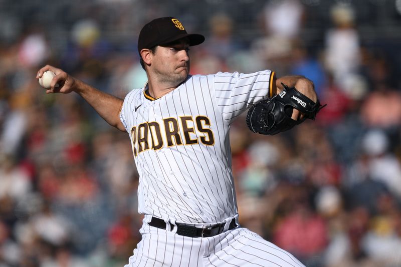 Jul 5, 2023; San Diego, California, USA; San Diego Padres starting pitcher Seth Lugo (67) throws a pitch against the Los Angeles Angels during the first inning at Petco Park. Mandatory Credit: Orlando Ramirez-USA TODAY Sports