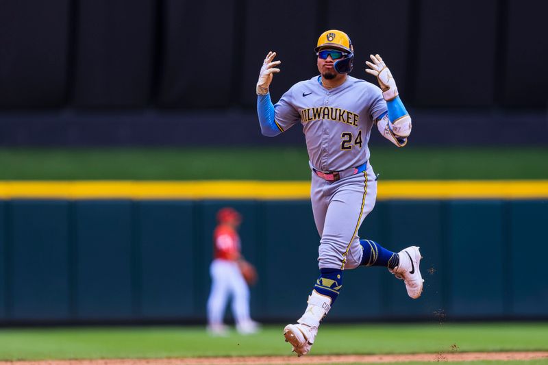 Aug 17, 2025; Cincinnati, Ohio, USA; Milwaukee Brewers designated hitter William Contreras (24) reacts after hitting a two-run home run in the ninth inning against the Cincinnati Reds at Great American Ball Park. Mandatory Credit: Katie Stratman-Imagn Images