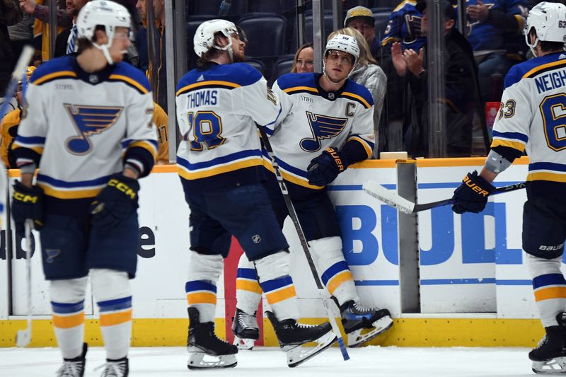 Apr 4, 2024; Nashville, Tennessee, USA; St. Louis Blues center Brayden Schenn (10) and center Robert Thomas (18) react after a goal by the Nashville Predators during the third period at Bridgestone Arena. Mandatory Credit: Christopher Hanewinckel-USA TODAY Sports