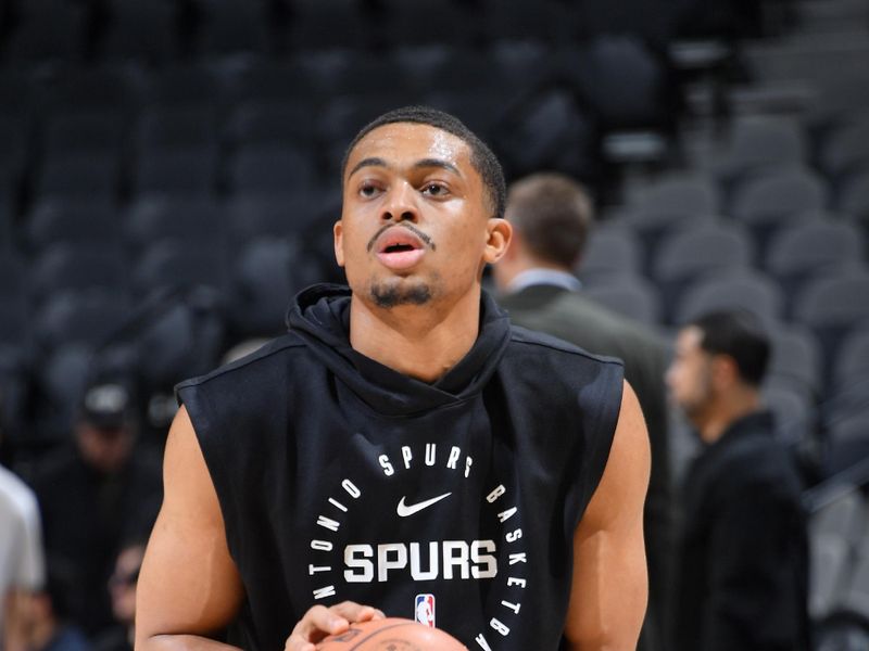 SAN ANTONIO, TX - MARCH 4: Keldon Johnson #0 of the San Antonio Spurs warms up before the game against the Brooklyn Nets on March 4, 2025 at the Frost Bank Center in San Antonio, Texas. NOTE TO USER: User expressly acknowledges and agrees that, by downloading and or using this photograph, user is consenting to the terms and conditions of the Getty Images License Agreement. Mandatory Copyright Notice: Copyright 2025 NBAE (Photos by Michael Gonzales/NBAE via Getty Images)