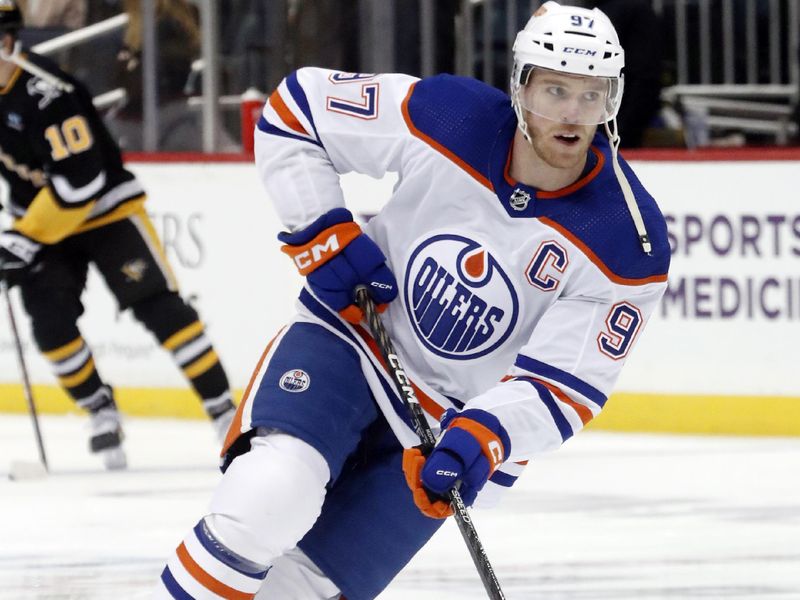 Feb 23, 2023; Pittsburgh, Pennsylvania, USA;  Edmonton Oilers center Connor McDavid (97) warms up before the game against the Pittsburgh Penguins at PPG Paints Arena. Mandatory Credit: Charles LeClaire-USA TODAY Sports