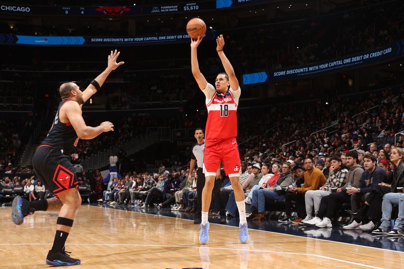 WASHINGTON, DC -? JANUARY 1: Kyshawn George #18 of the Washington Wizards shoots the ball during the game against the Chicago Bulls on January 1, 2025 at Capital One Arena in Washington, DC. NOTE TO USER: User expressly acknowledges and agrees that, by downloading and or using this Photograph, user is consenting to the terms and conditions of the Getty Images License Agreement. Mandatory Copyright Notice: Copyright 2025 NBAE (Photo by Kenny Giarla/NBAE via Getty Images)