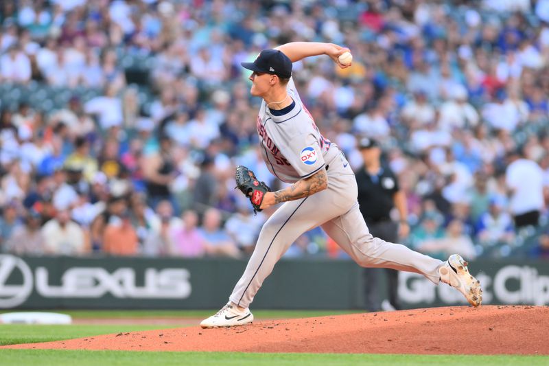 Jul 19, 2024; Seattle, Washington, USA; Houston Astros starting pitcher Hunter Brown (58) pitches to the Seattle Mariners during the first inning at T-Mobile Park. Mandatory Credit: Steven Bisig-USA TODAY Sports