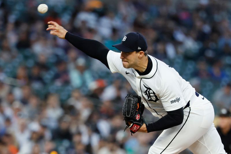 May 14, 2025; Detroit, Michigan, USA;  Detroit Tigers pitcher Tommy Kahnle (43) pitches in the seventh inning against the Boston Red Sox at Comerica Park. Mandatory Credit: Rick Osentoski-Imagn Images