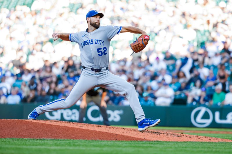 Jun 30, 2025; Seattle, Washington, USA; Kansas City Royals starting pitcher Michael Wacha (52) throws against the Seattle Mariners during the second inning at T-Mobile Park. Mandatory Credit: Joe Nicholson-Imagn Images