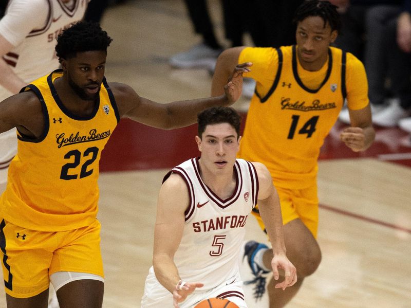 Jan 28, 2023; Stanford, California, USA; Stanford Cardinal guard Michael O'Connell (5) brings the ball up court ahead of California Golden Bears forwards ND Okafor (22) and Grant Newell (14) during the second half at Maples Pavilion. Stanford defeated California 75-46. Mandatory Credit: D. Ross Cameron-USA TODAY Sports